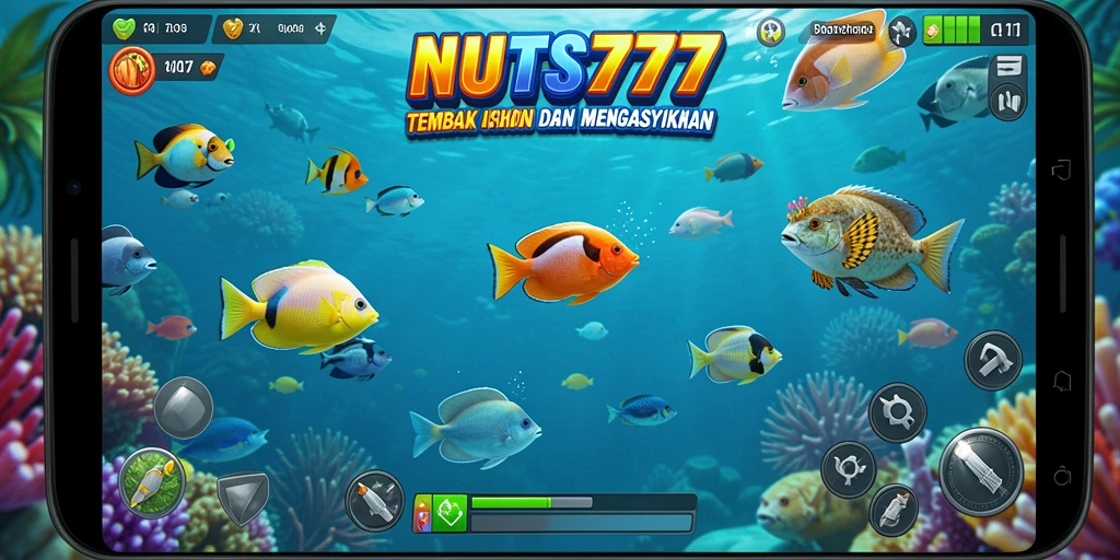 Tampilan gameplay NUTS777 dengan aksi tembak ikan yang mendebarkan.
