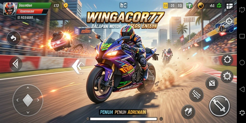 Tampilan utama gameplay WINGACOR77 yang seru dan penuh aksi balapan motor.